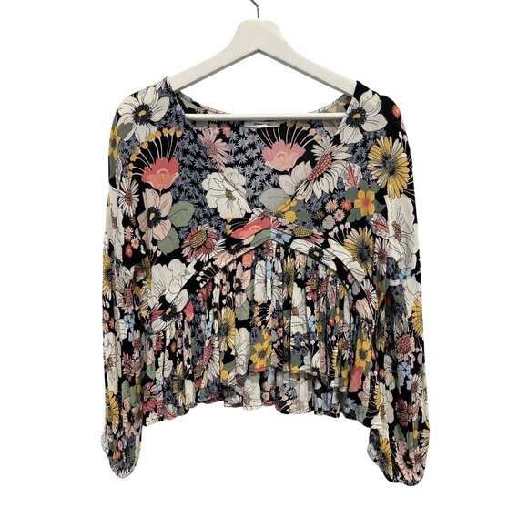 ONeill Peplum Top Size Small Floral VNeck 3/4 Sleeve Black Multi Bohemian Hippie - Picture 2 of 8